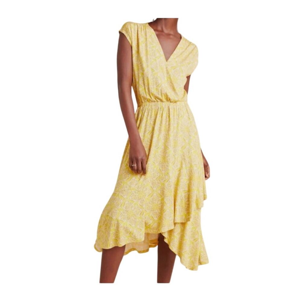 Maeve Anthropologie Yellow Fete Midi Faux Wrap Dress Size Medium